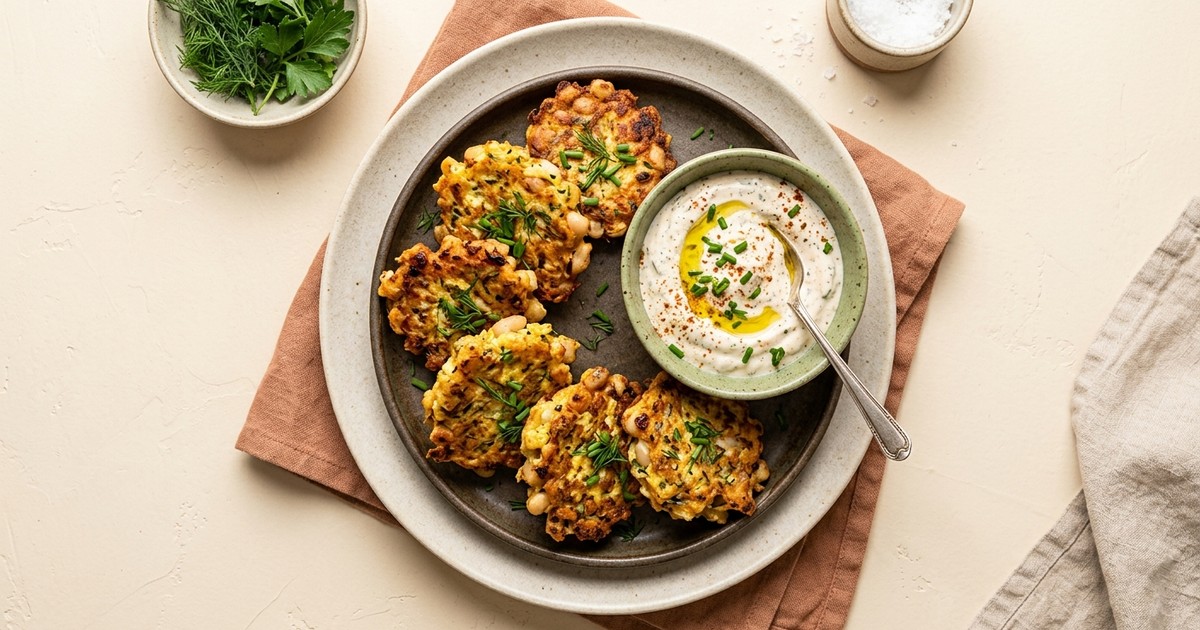 Air Fryer American Egg and White Bean Fritters with Smoky Ranch Yogurt