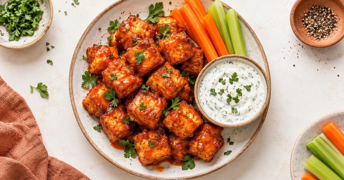 Air Fryer Buffalo Tofu Bites with Cool Ranch Yogurt