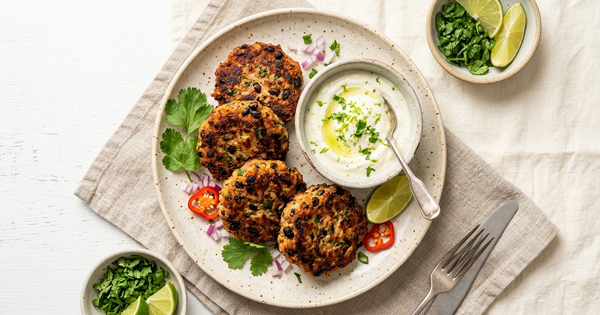 Air Fryer Caribbean Pork and Black Bean Patties with Lime Yogurt