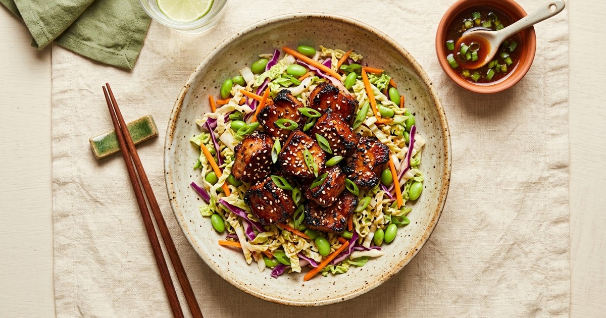 Air Fryer Chinese Char Siu Pork Bites with Sesame Cabbage Slaw