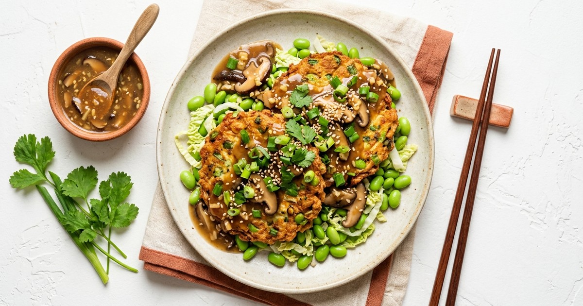 Air Fryer Chinese Egg Foo Young with Ginger-Mushroom Sauce