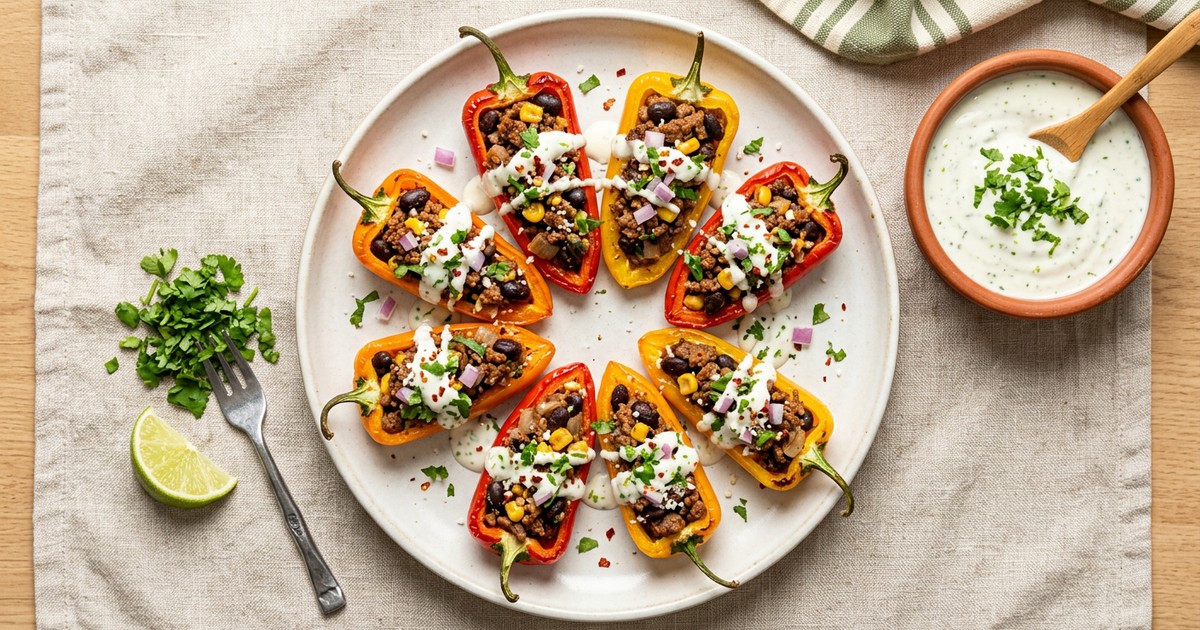 Air Fryer Chipotle Beef Stuffed Mini Peppers with Lime Crema