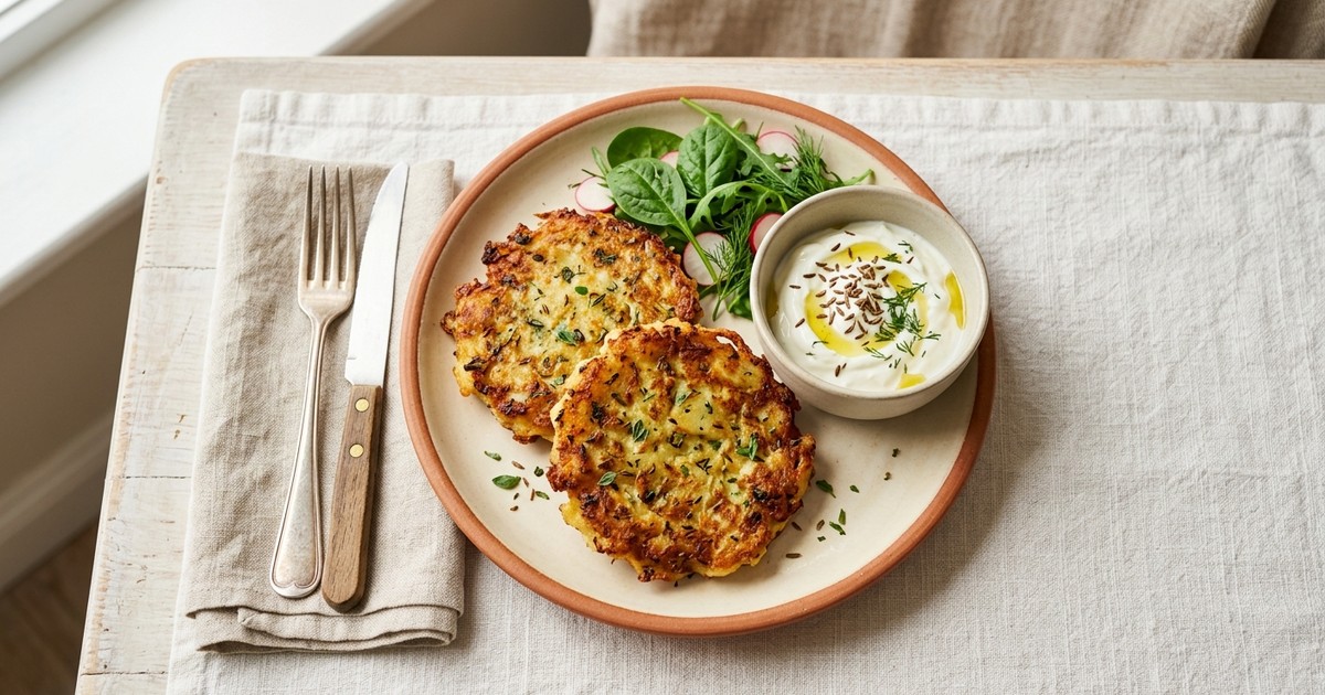 Air Fryer Czech Egg and Potato Bramborák with Caraway Yogurt