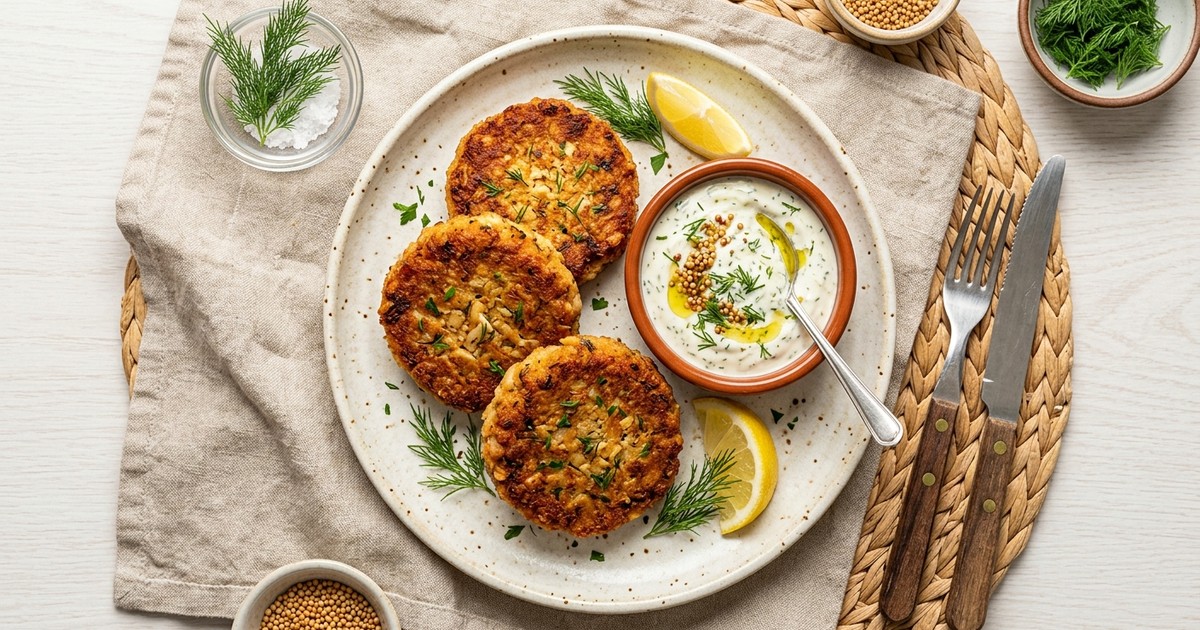 Air Fryer German Tempeh and White Bean Bratlinge with Mustard-Dill Yogurt