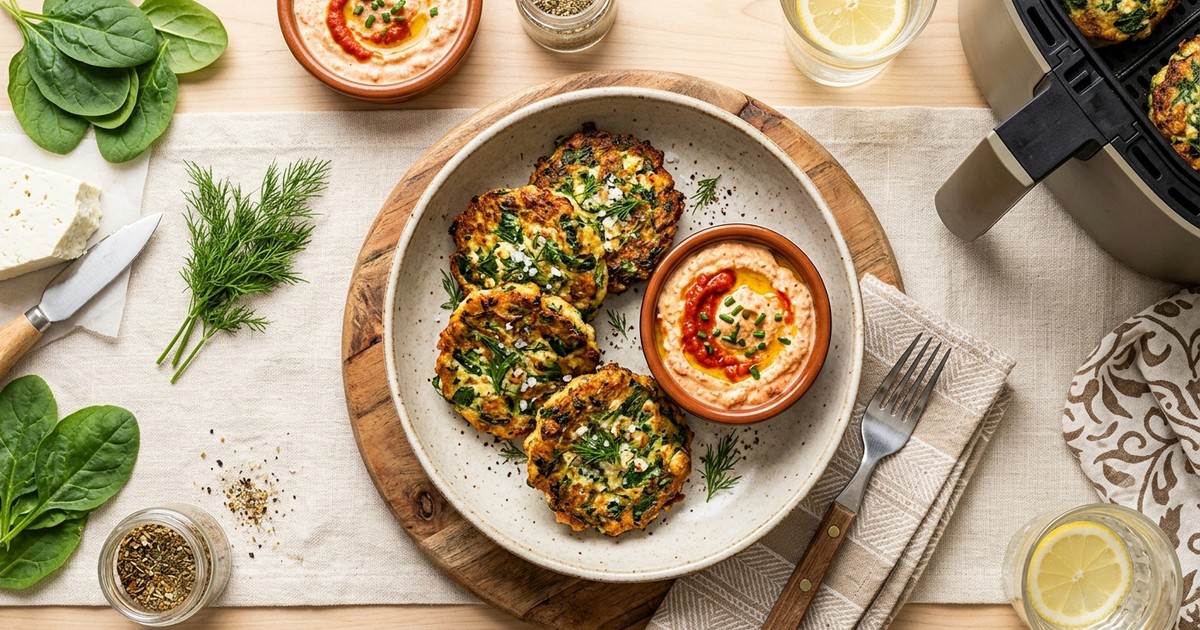 Air Fryer Greek Egg and Spinach Patties with Red Pepper Yogurt