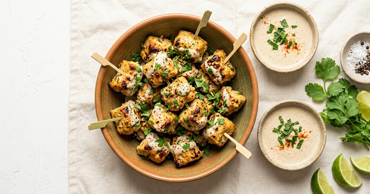 Air Fryer Indian Chicken Reshmi Kebab Bites with Cashew Yogurt