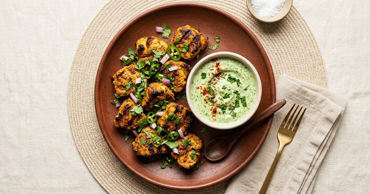 Air Fryer Indian Pork Tikka Bites with Mint Yogurt Dip