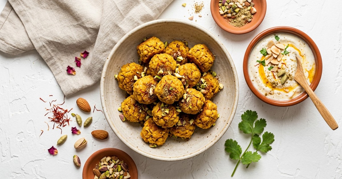 Air Fryer Indian Saffron Chickpea Protein Bites with Cardamom Yogurt