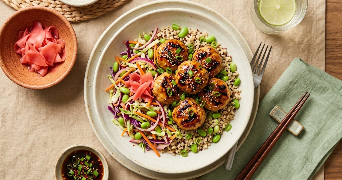 Air Fryer Japanese Chicken Tsukune Bowls with Pickled Ginger Slaw