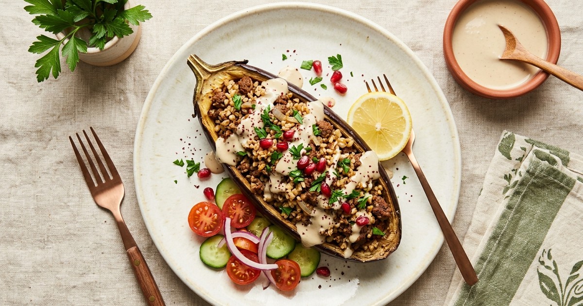 Air Fryer Mediterranean Beef and Bulgur Eggplant Boats with Lemon Tahini