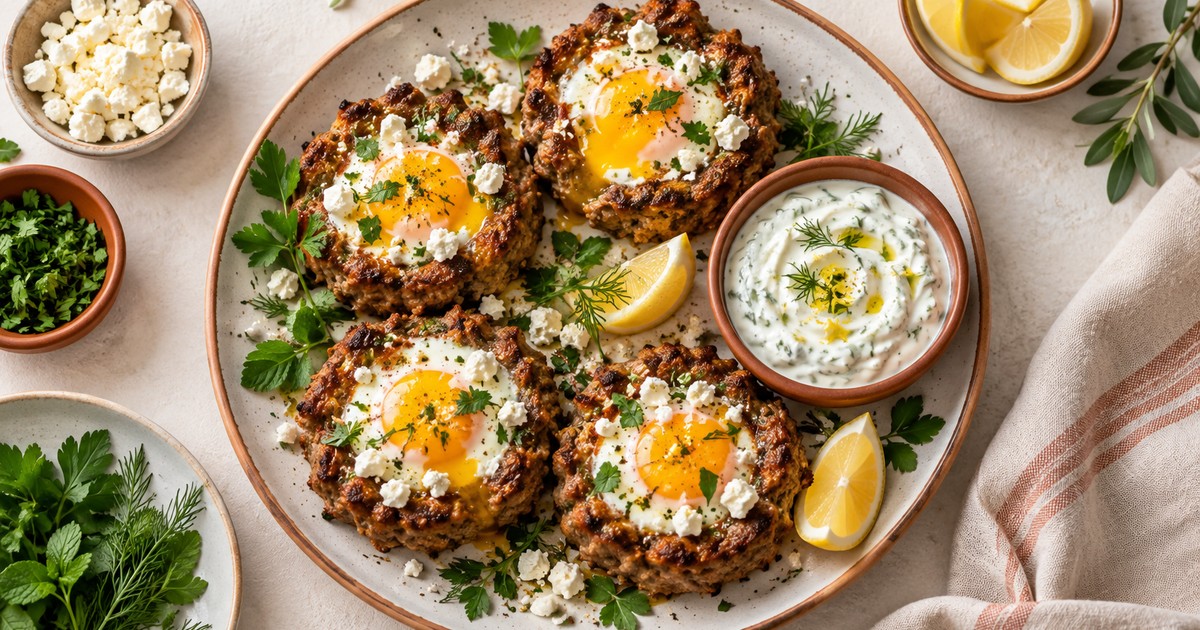 Air Fryer Mediterranean Turkey-Feta Egg Nests with Herb Yogurt
