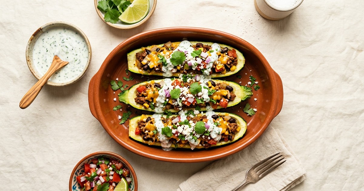 Air Fryer Mexican Beef Taco Zucchini Boats with Cilantro Yogurt