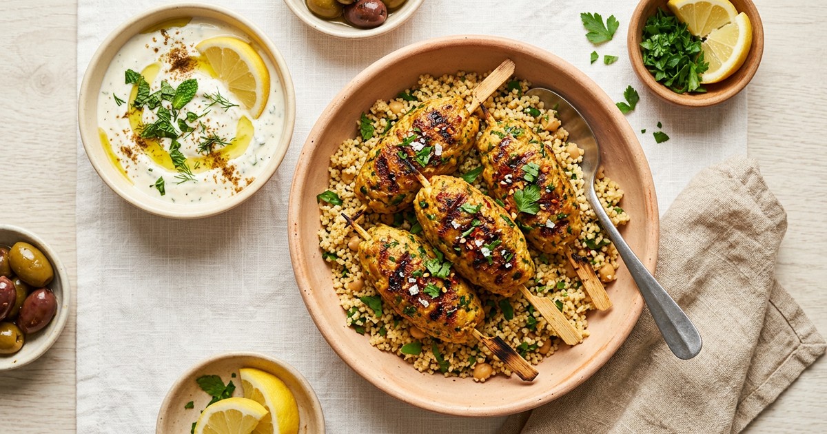 Air Fryer Moroccan Chicken and Chickpea Kefta with Cumin-Lemon Yogurt