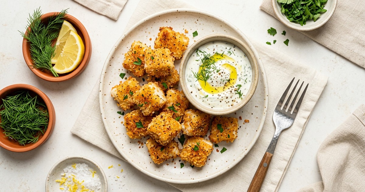 Air Fryer Old Bay Cod Bites with Lemon-Dill Yogurt