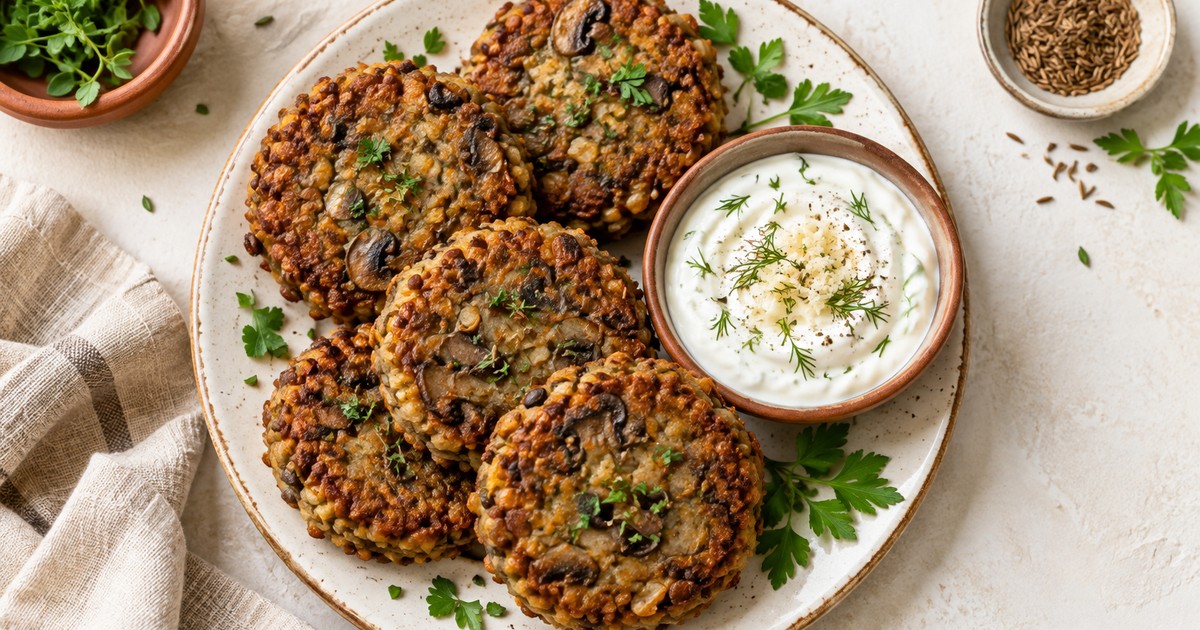 Air Fryer Polish Lentil-Mushroom Cakes with Horseradish Yogurt