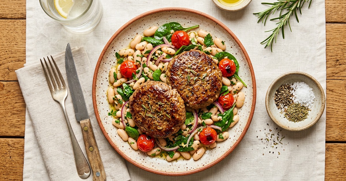 Air Fryer Provençal Beef Patties with Warm White Bean Salad
