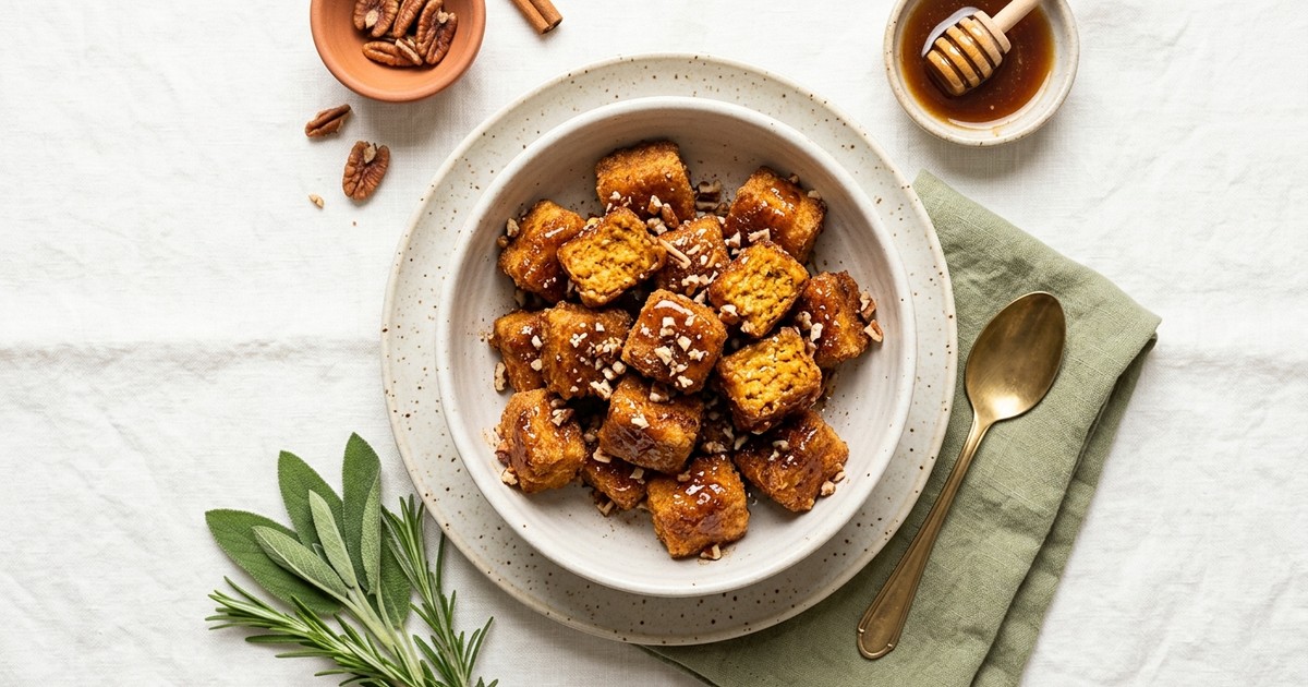 Air Fryer Pumpkin Pie Tofu Protein Bites with Maple Glaze