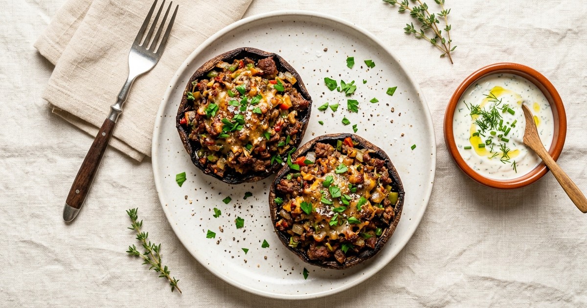 Air Fryer Smoky Beef Stuffed Portobellos with Ranch Yogurt