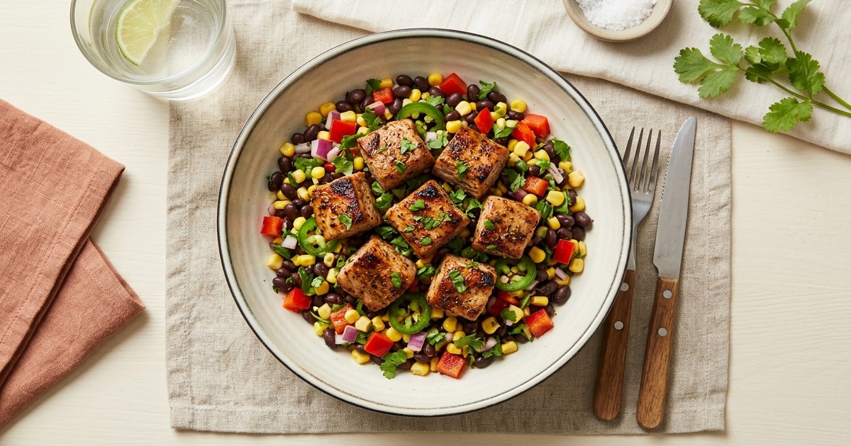 Air Fryer Smoky Pork Tenderloin Bites with Black Bean Corn Salad