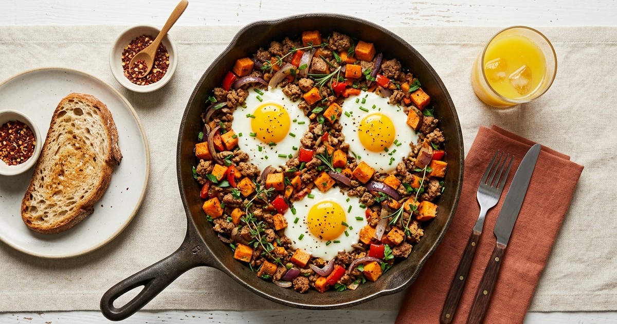 American Turkey and Sweet Potato Breakfast Hash with Sunny Eggs