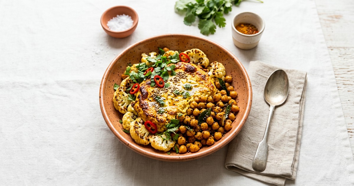 Baked Masala Ricotta Bowl with Roasted Cauliflower and Chickpeas