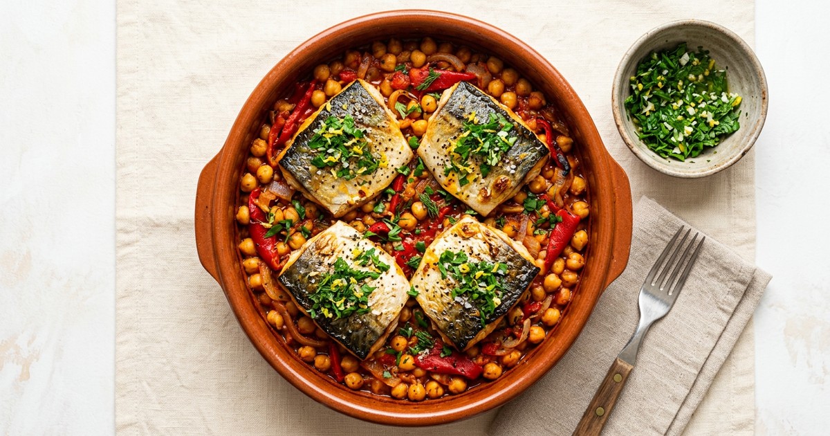Baked Spanish Mackerel with Chickpeas and Piquillo Peppers