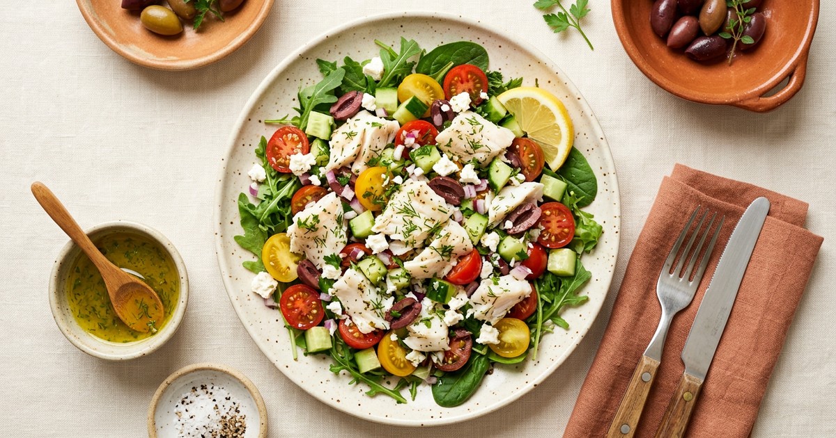 Chilled Greek Halibut Salad Plate: No-Cook High-Protein GLP-1 Lunch
