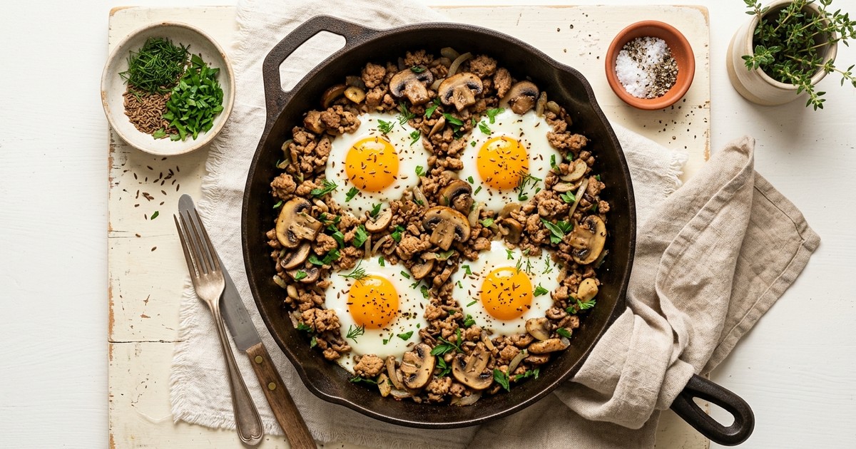 Czech Turkey and Mushroom Breakfast Skillet with Caraway Eggs