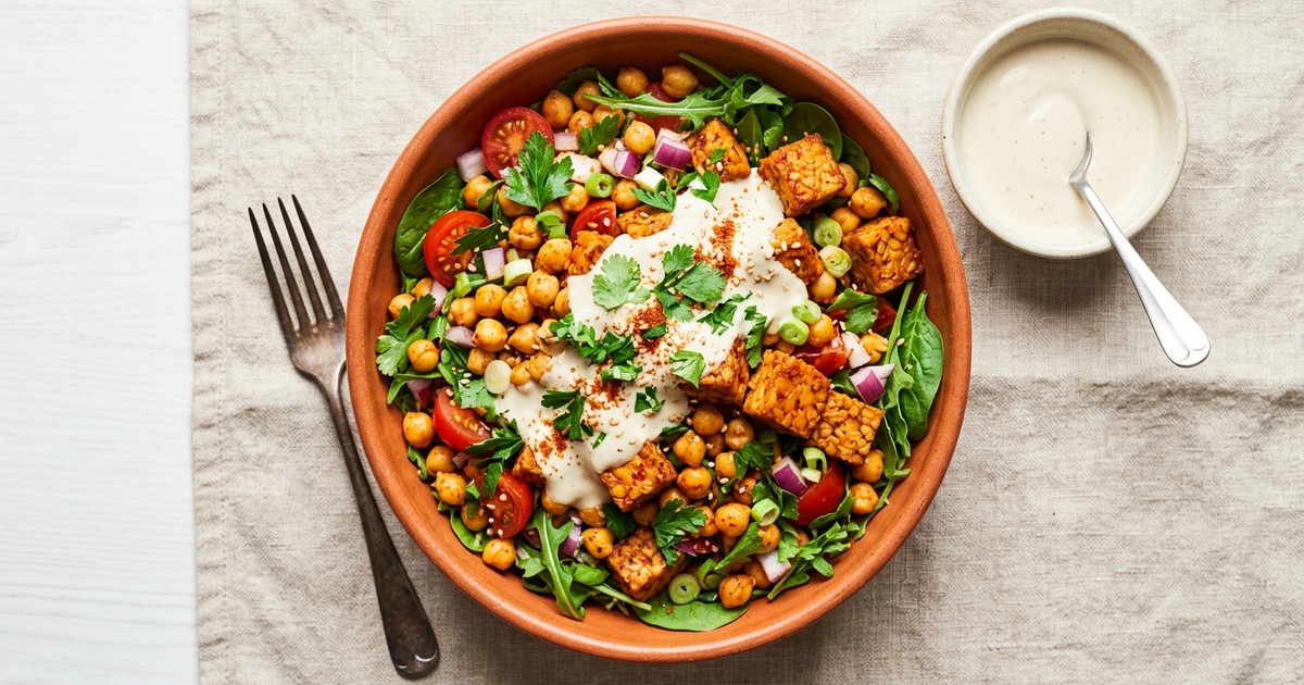 Ethiopian Berbere Tempeh and Chickpea Salad with Yogurt Dressing