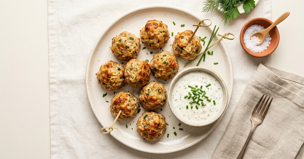 German Pork and Sauerkraut Protein Bites with Mustard-Chive Yogurt