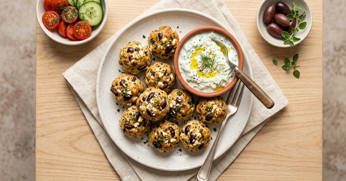 Greek Chicken and Kalamata Mini Meatballs with Cucumber-Feta Dip