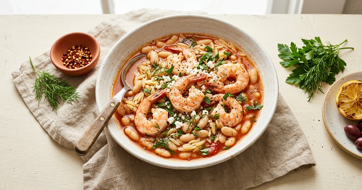 Greek Poached Shrimp Bowl with Tomato Broth and White Beans