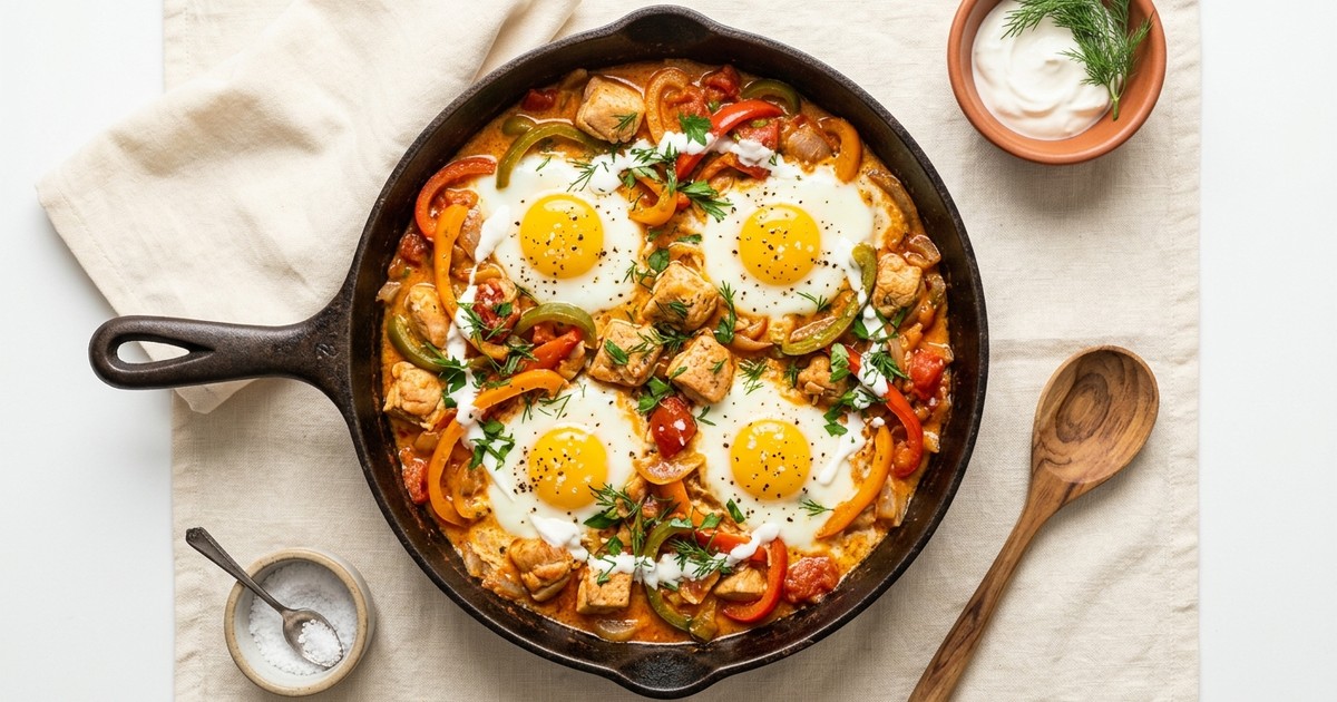 Hungarian Chicken Paprika Breakfast Skillet with Soft Eggs