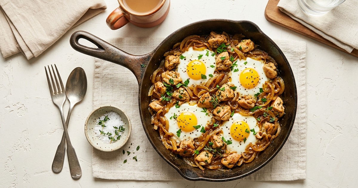 Lyonnaise Chicken and Caramelized Onion Breakfast Skillet with Soft Eggs