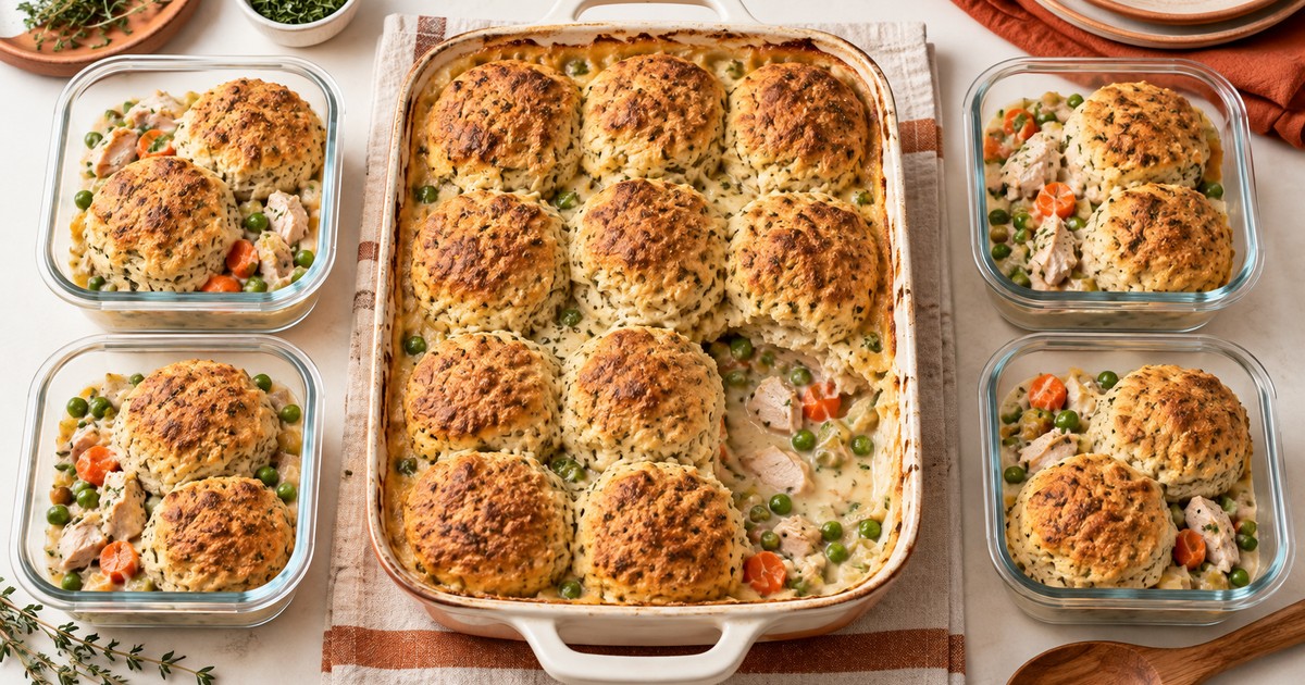 Meal Prep American Turkey Pot Pie Casserole with Herb Biscuit Crust