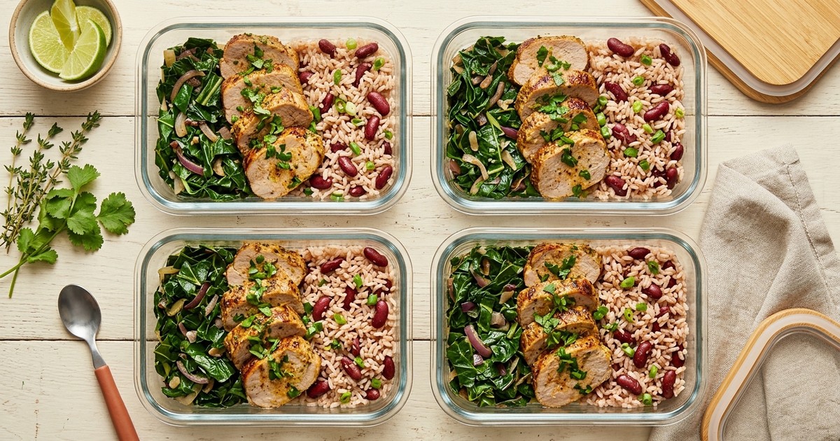 Meal Prep Caribbean Citrus Pork and Rice-and-Peas Bowls