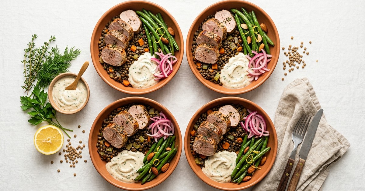 Meal Prep French Pork and Puy Lentil Bowls with Dijon-Herb Yogurt