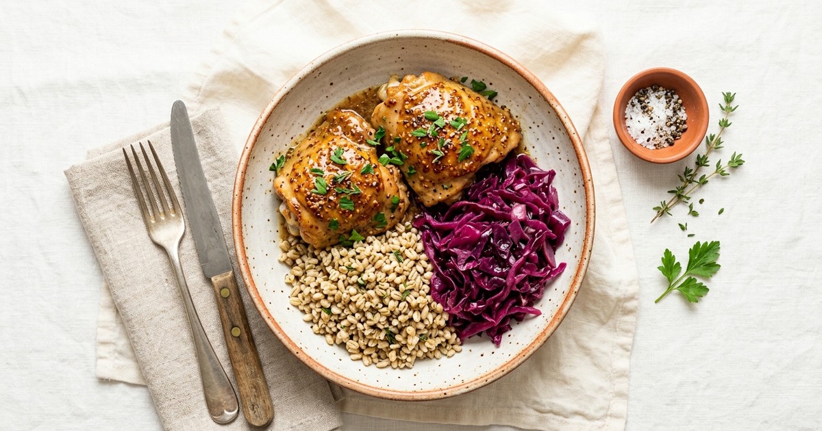 Meal Prep German Mustard Chicken with Braised Red Cabbage and Barley