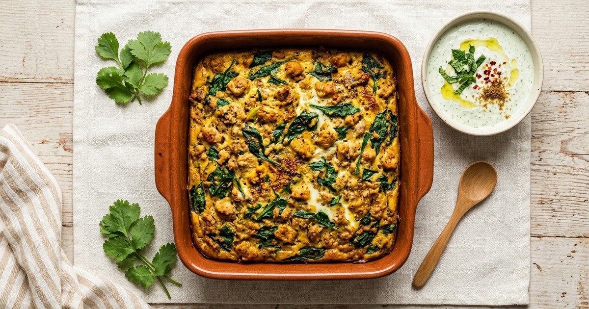 Meal Prep Indian Masala Turkey Egg Bake with Spinach and Mint Yogurt