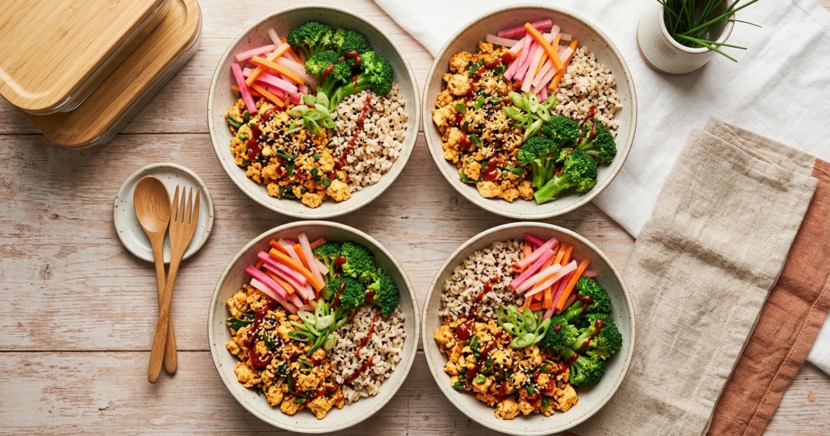 Meal Prep Korean Gochujang Tofu Scramble Bowls with Pickled Radish