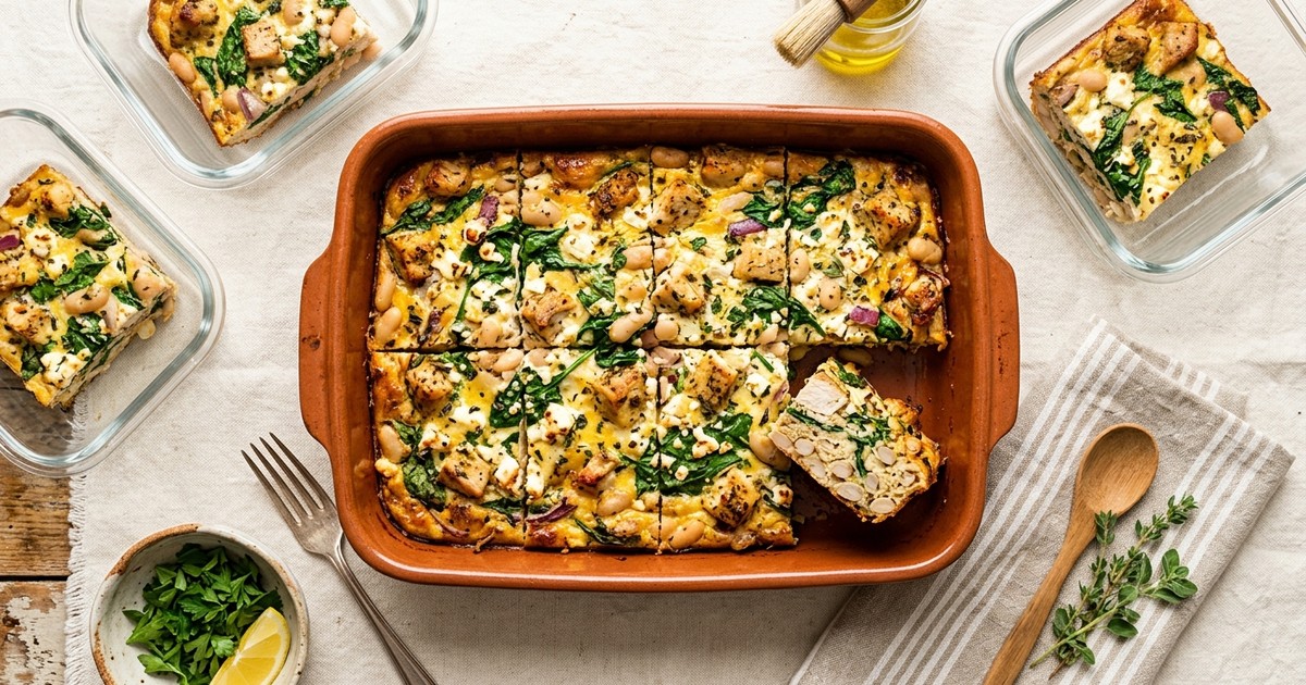 Meal Prep Mediterranean Chicken and White Bean Egg Bake