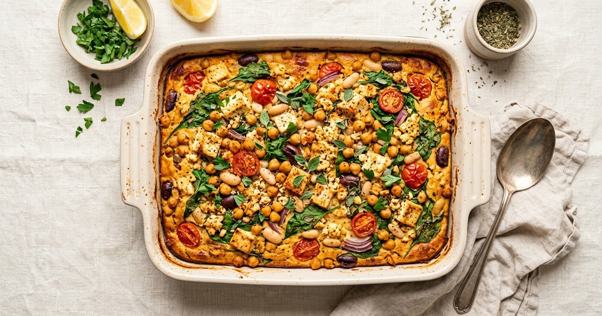 Meal Prep Mediterranean Chickpea Breakfast Bake with Tofu and Spinach