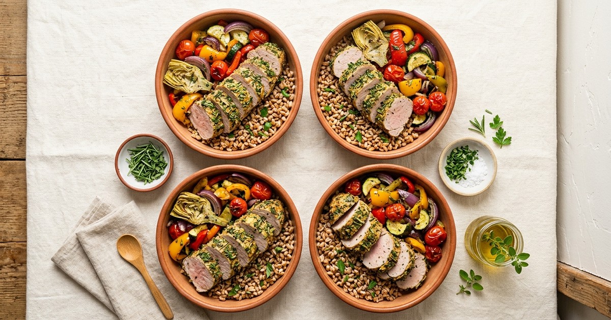 Meal Prep Mediterranean Herb-Crusted Pork with Farro and Roasted Vegetables
