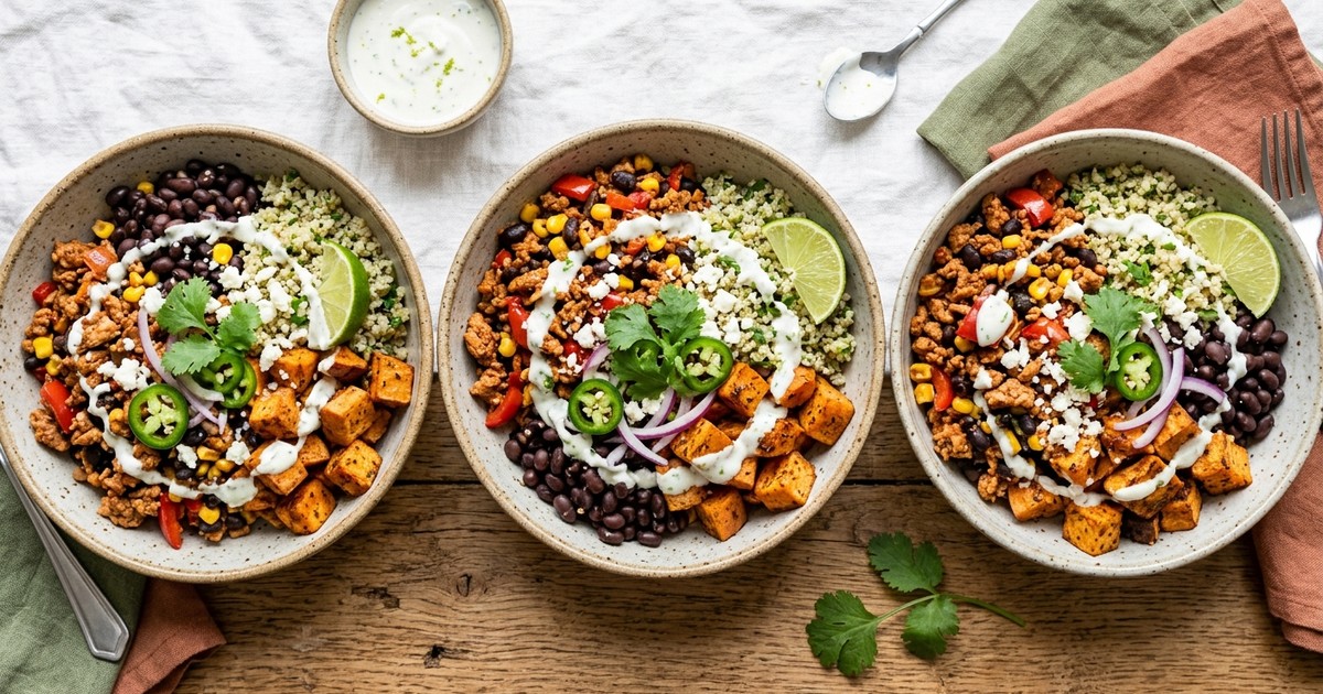 Meal Prep Mexican Chipotle Turkey and Sweet Potato Bowls with Lime Crema