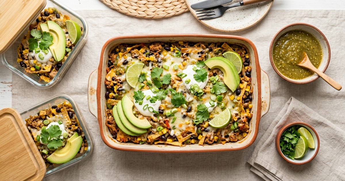 Meal Prep Mexican Turkey Migas Bake with Roasted Tomatillo