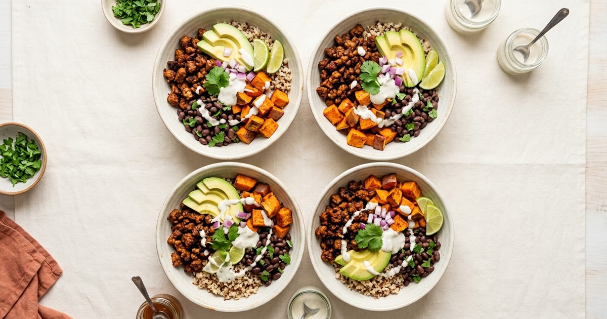 Meal Prep Smoky Tempeh and Sweet Potato Breakfast Bowls with Black Beans