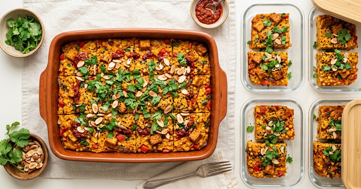 Meal Prep Tunisian Tempeh and Red Lentil Breakfast Bake with Harissa