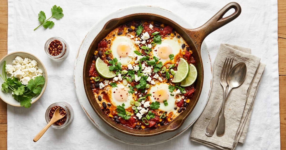 Mexican Chipotle Eggs with Black Beans and Queso Fresco