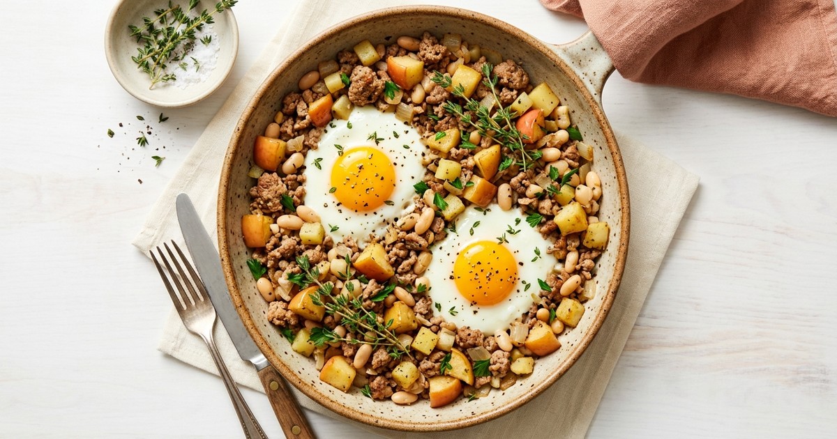 Normandy Turkey and Apple Breakfast Skillet with Thyme Eggs