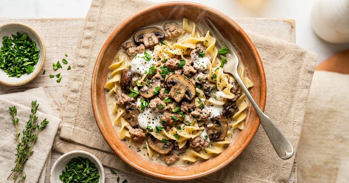 One-Pot American Turkey Mushroom Stroganoff with Greek Yogurt